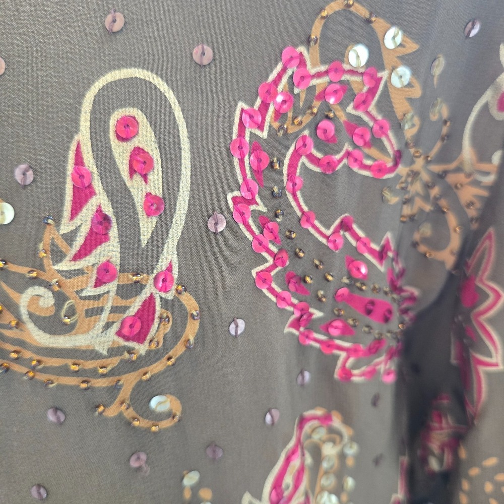 Diane Gilman Tunic Women Large Brown Silk Paisley Sequin Long Blouse - Picture 6 of 9